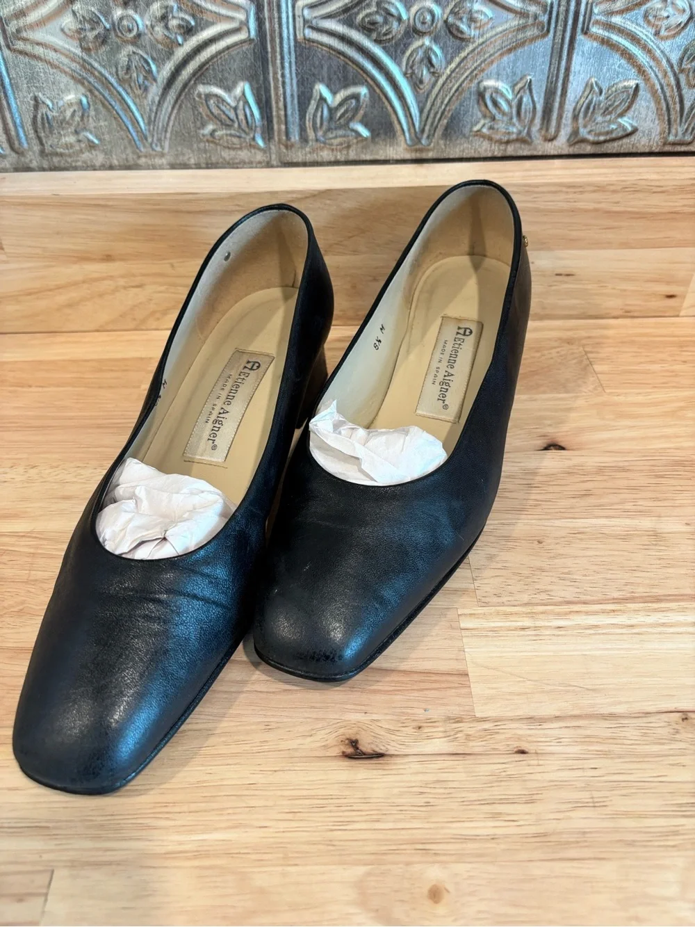 Etienne Aigner Black Low Block Heel Leather Pumps size 8.5
